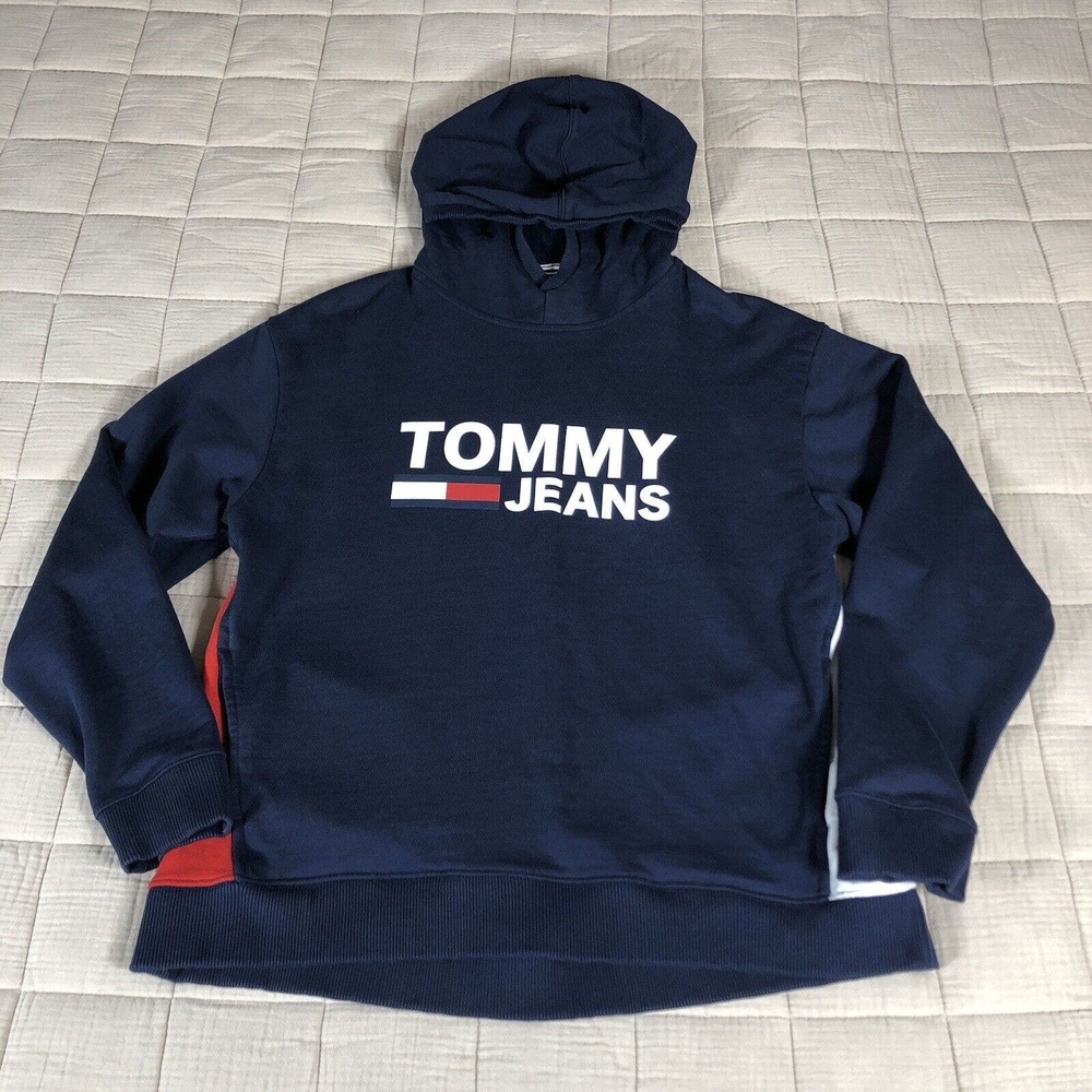 Tommy Jeans Sweatshirt Mens Small Pullover Graphic Hoodie Colorblock Logo Pocket